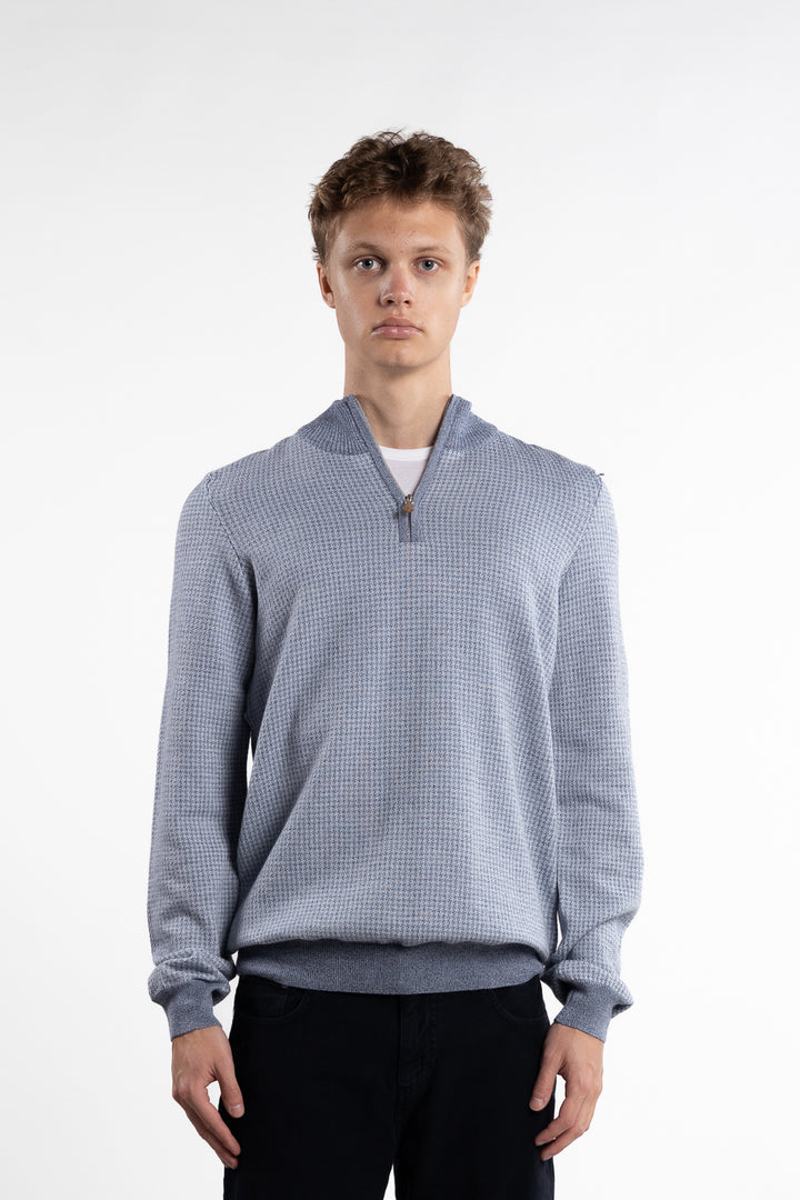 Sweater Half Zip Pepita Merino Wool Light Blue