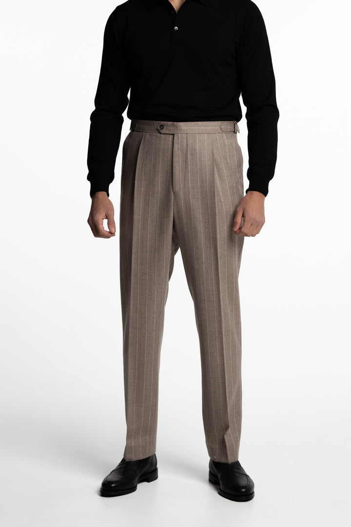 Delon Side Adjuster Wool Trousers Sand Beige Pinstripe