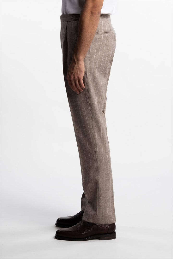 Delon Side Adjuster Wool Trousers Sand Beige Pinstripe