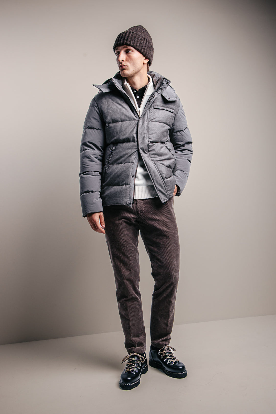 Wool And Silk Puffer Jacket With Contrast Inserts Taupe Suede