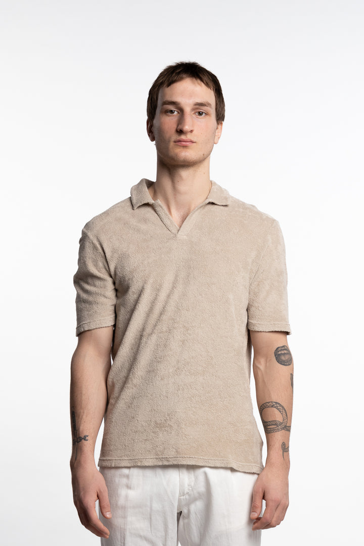 Terrycloth Polo T-Shirt Short Sleeve Beige