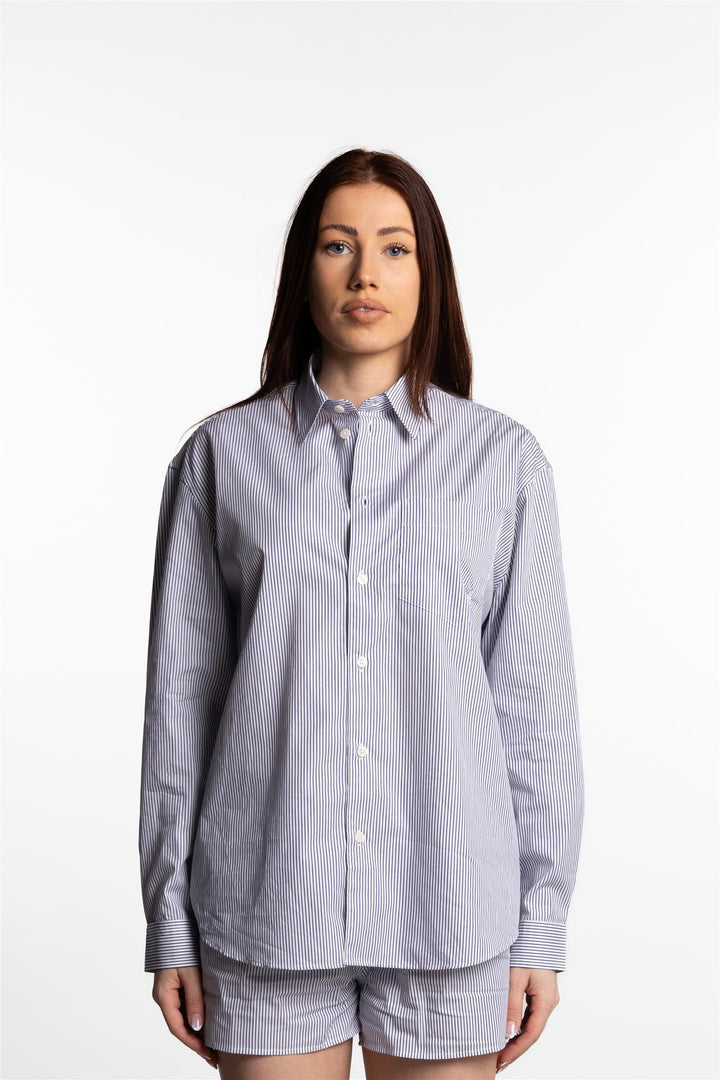 SRC Embroidered Oversized Shirt- White/Navy Thin Stripe/Navy