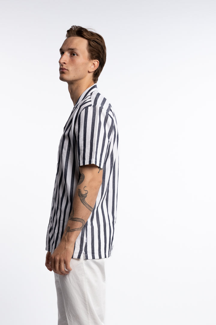 Cotton/Linen Striped Resort S/S Shirt Navy