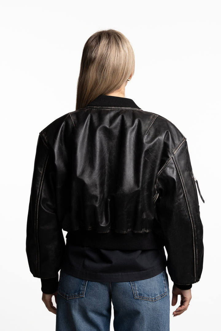 Leather Bomber Jacket- Black