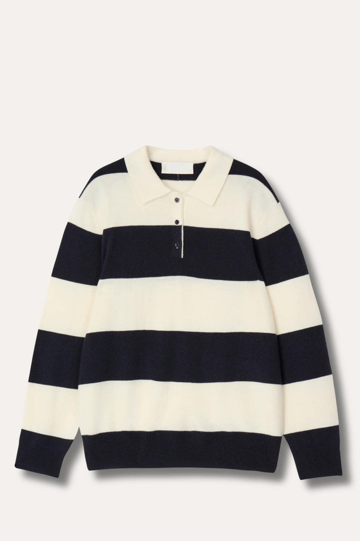 Estate Pique Sweater- Navy Macademia Stripe