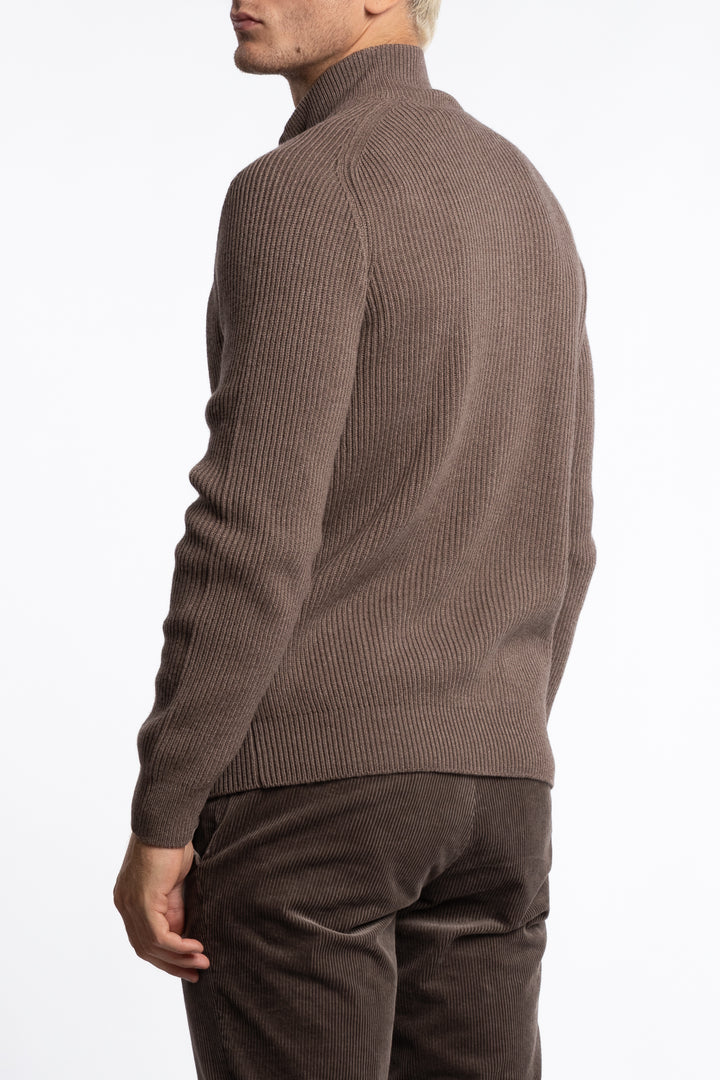 Virgin Wool Ribbed Full-zip Brown