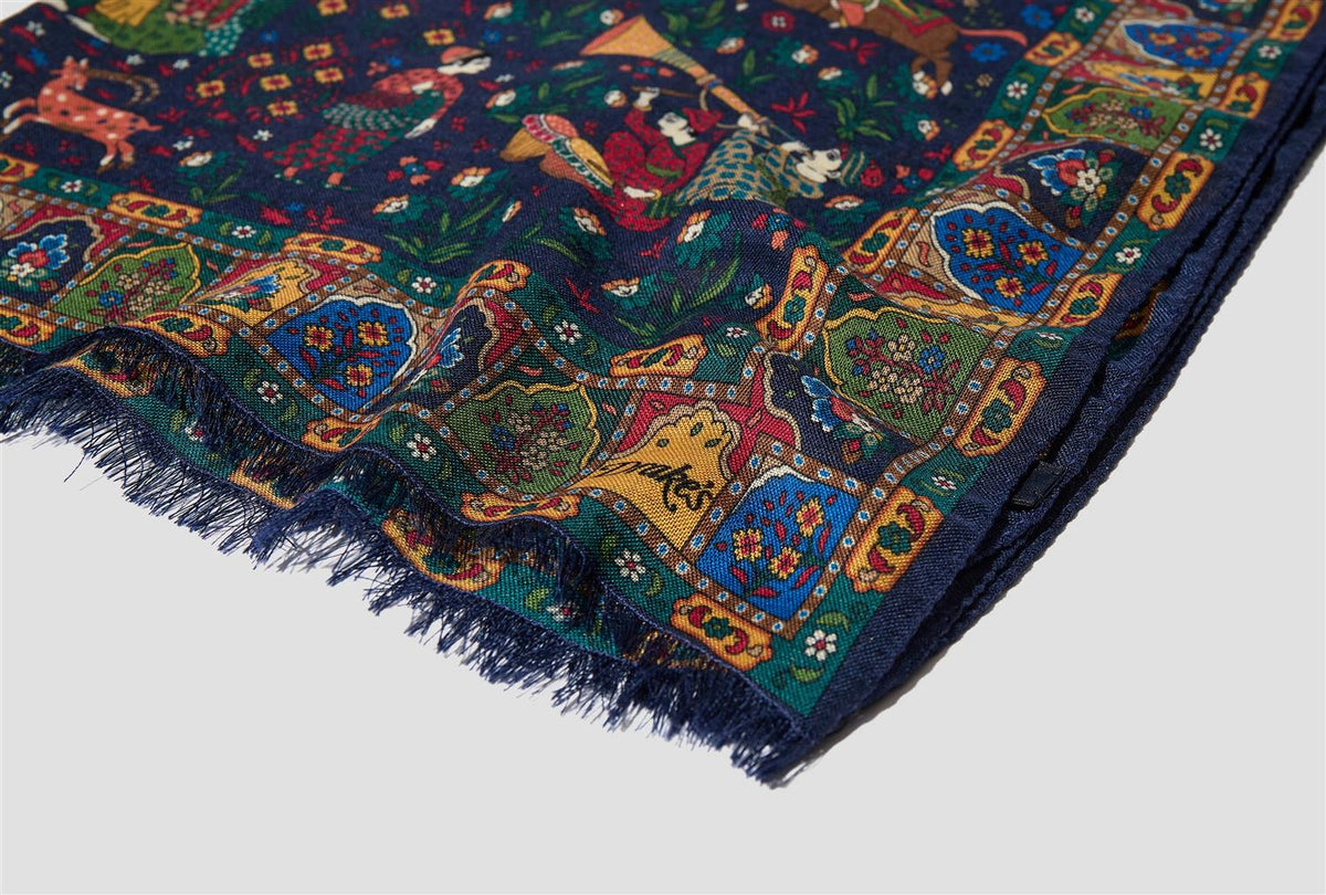 Moghul Garden Wool-Silk Scarf Navy