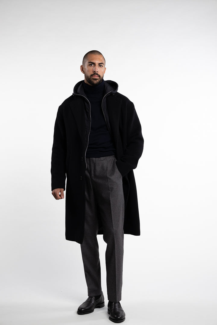 Nylon Hooded Wool Coat Black