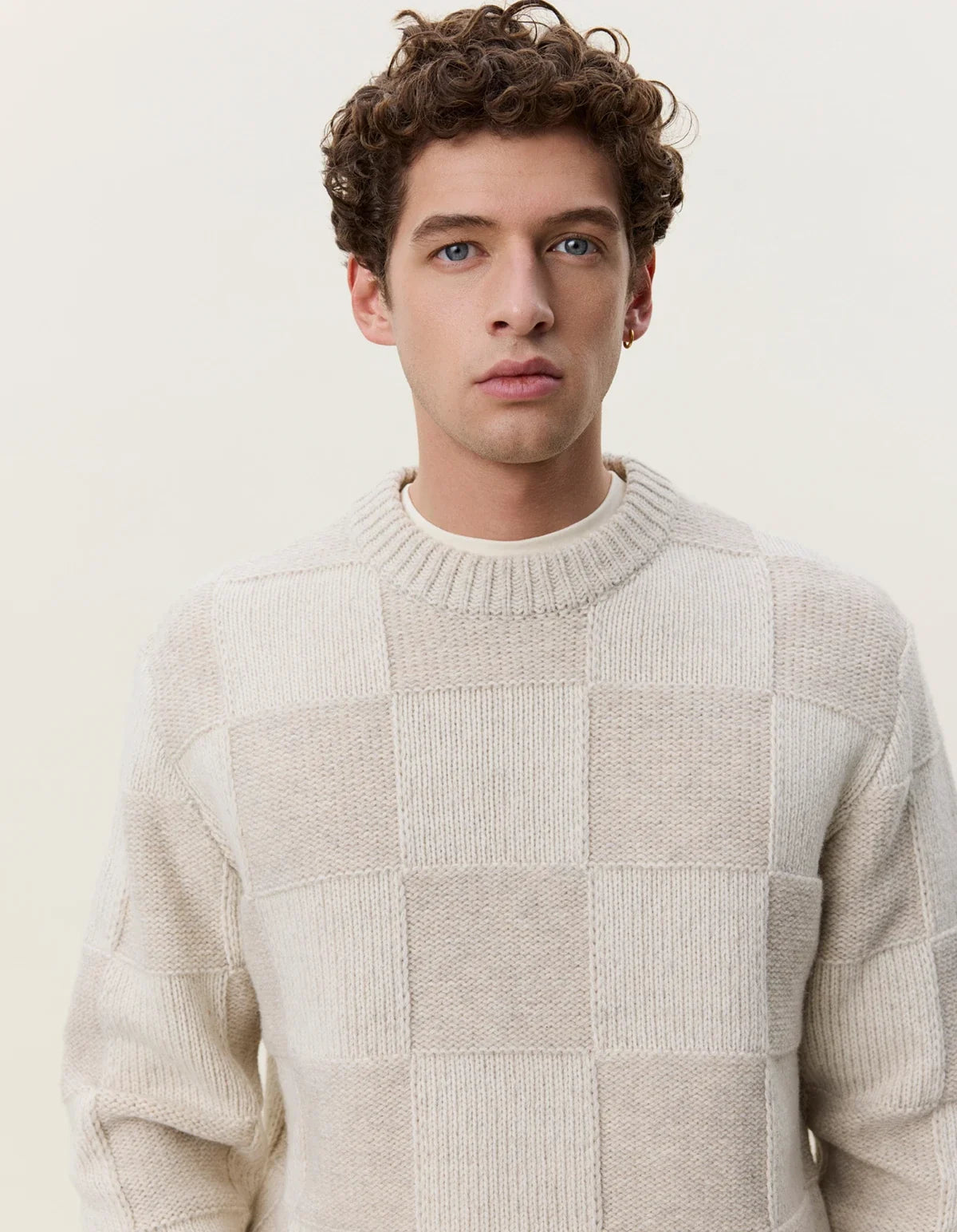 Check Knit Sweater Eggnog White - modellbilde