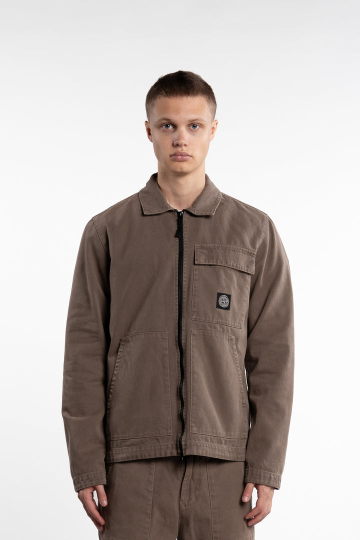 Panama Cotton 'Old' Effect Overshirt with Zip Fastening Walnut Brown