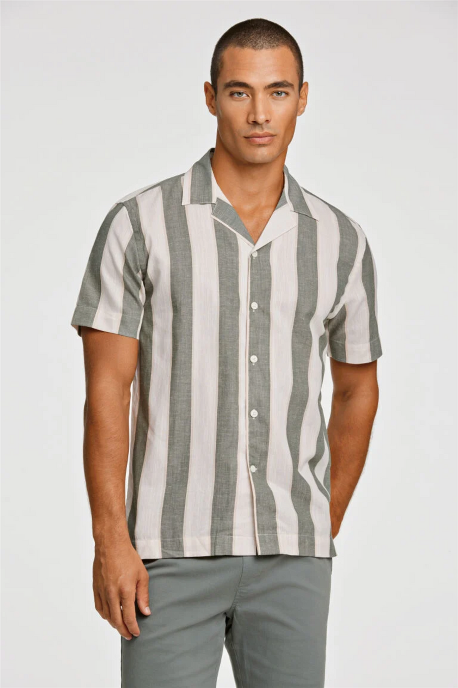 Striped Linen/Cotton Shirt S/S Army