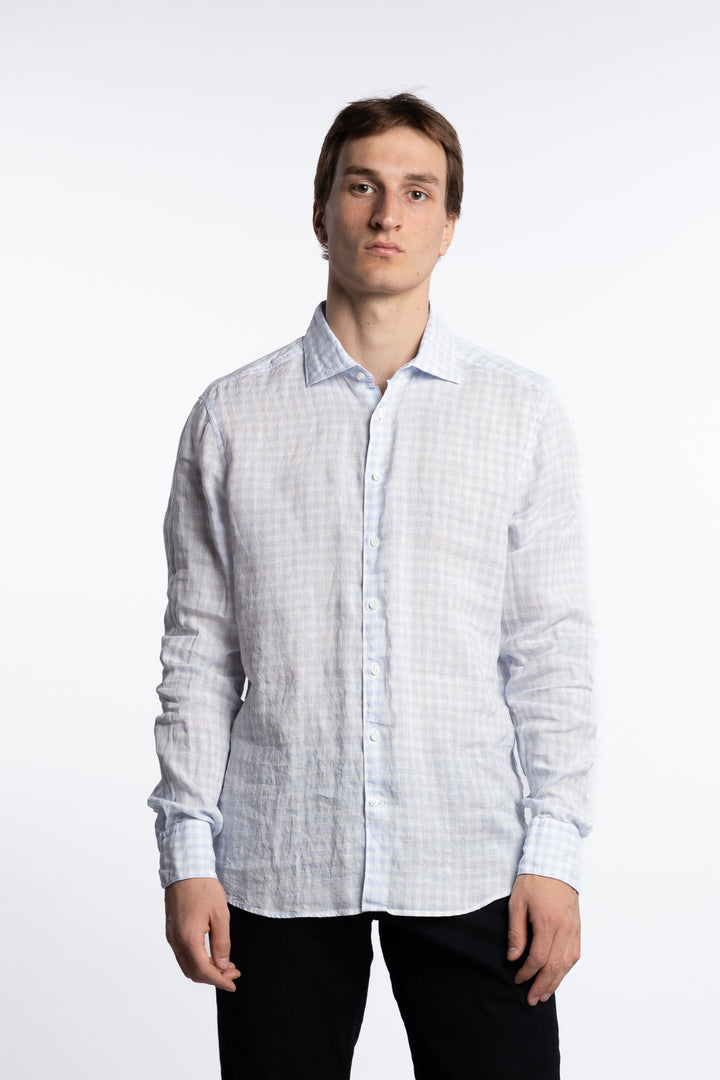 Slimline Linen Shirt Light Blue Check