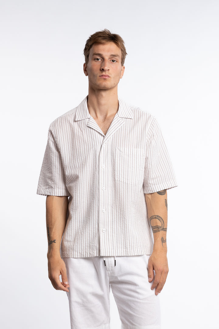 Reg Fit Cuban SS Striped Seersucker Shirt Snow White