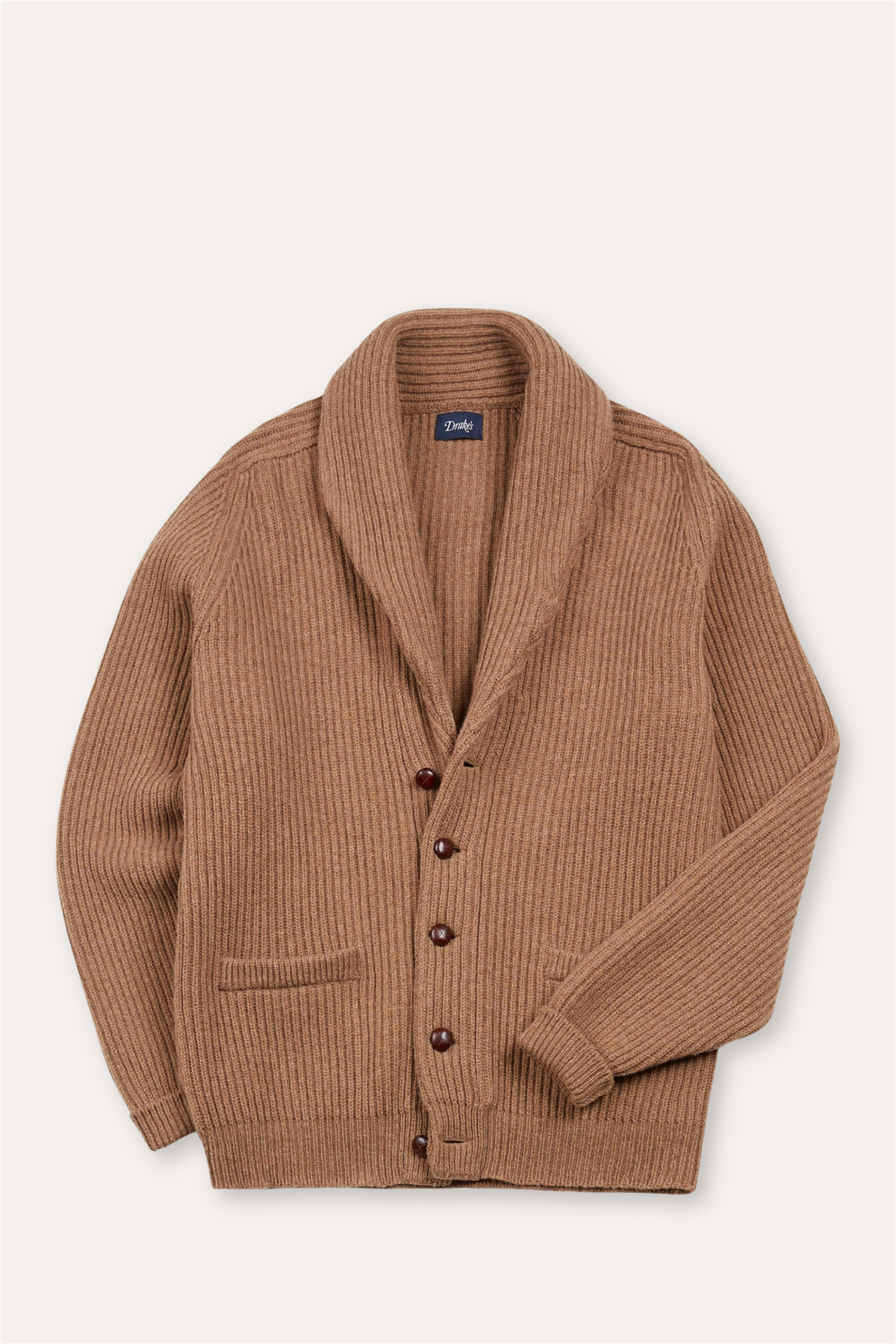 Lambswool Shawl Collar Rib Cardigan Camel