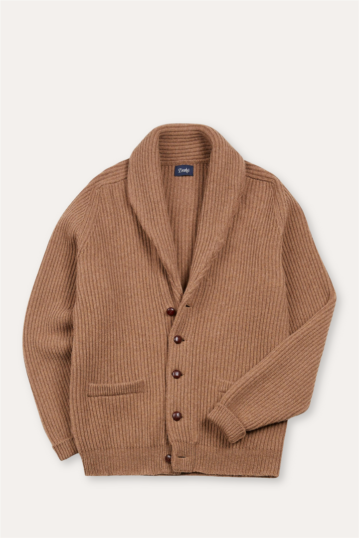 Lambswool Shawl Collar Rib Cardigan Camel