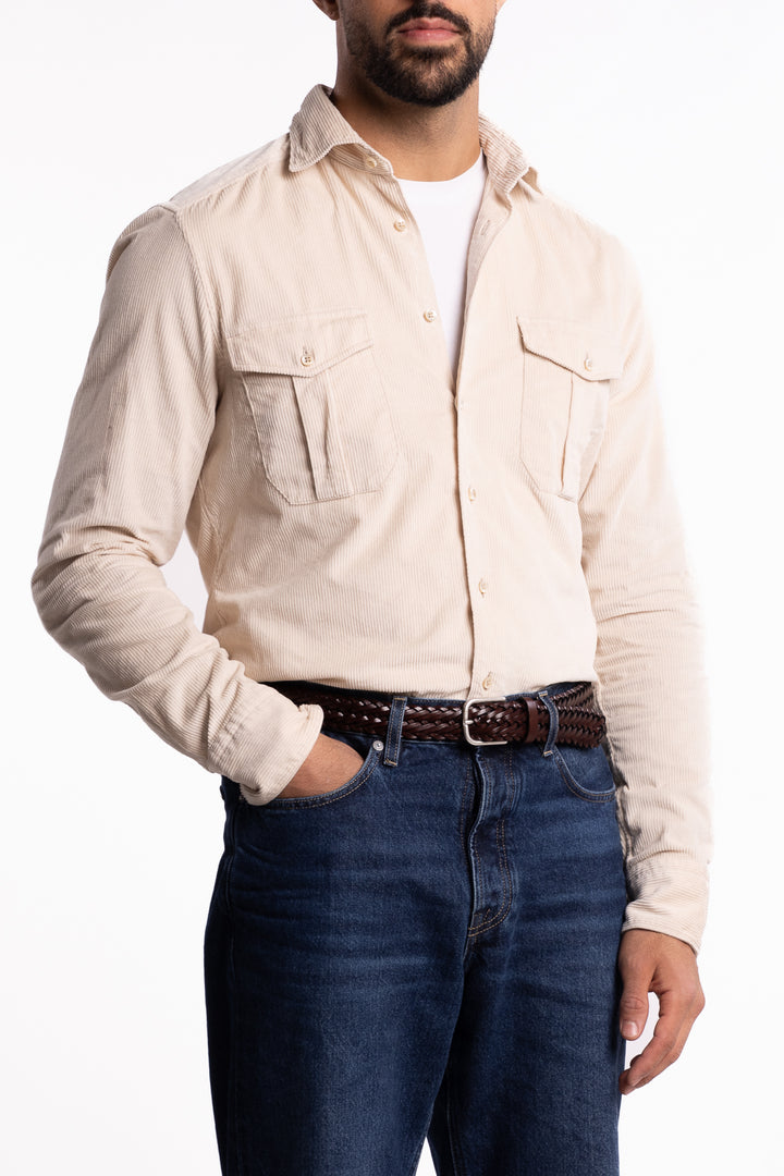 Slimline Corduroy Double Pocket Shirt Off-White
