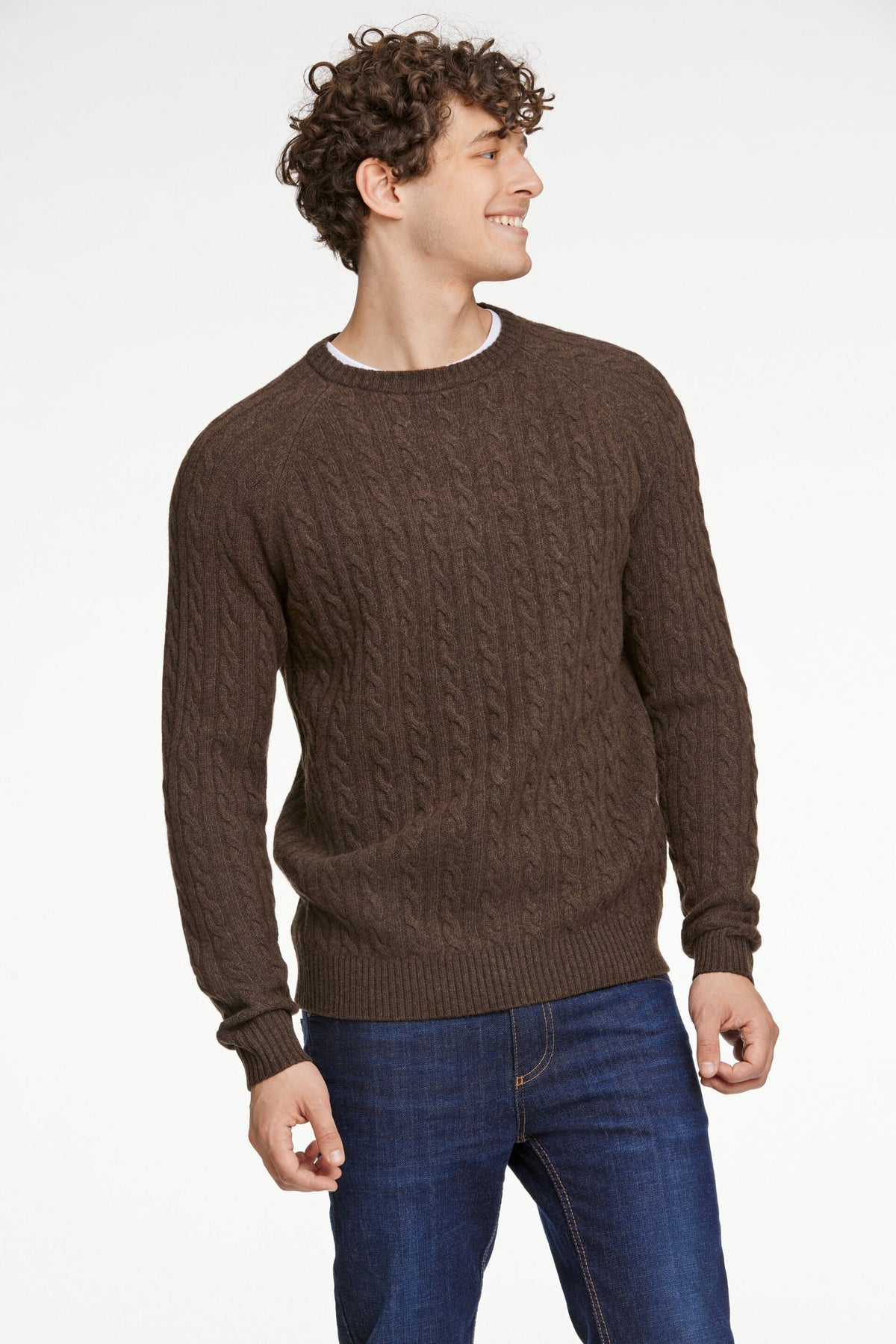 Lambswool Raglan Cable O-Neck Dk Brown Mel