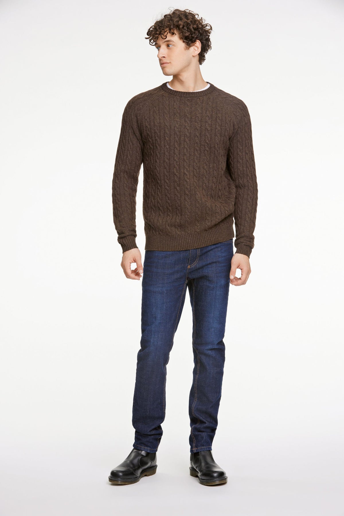 Lambswool Raglan Cable O-Neck Dk Brown Mel