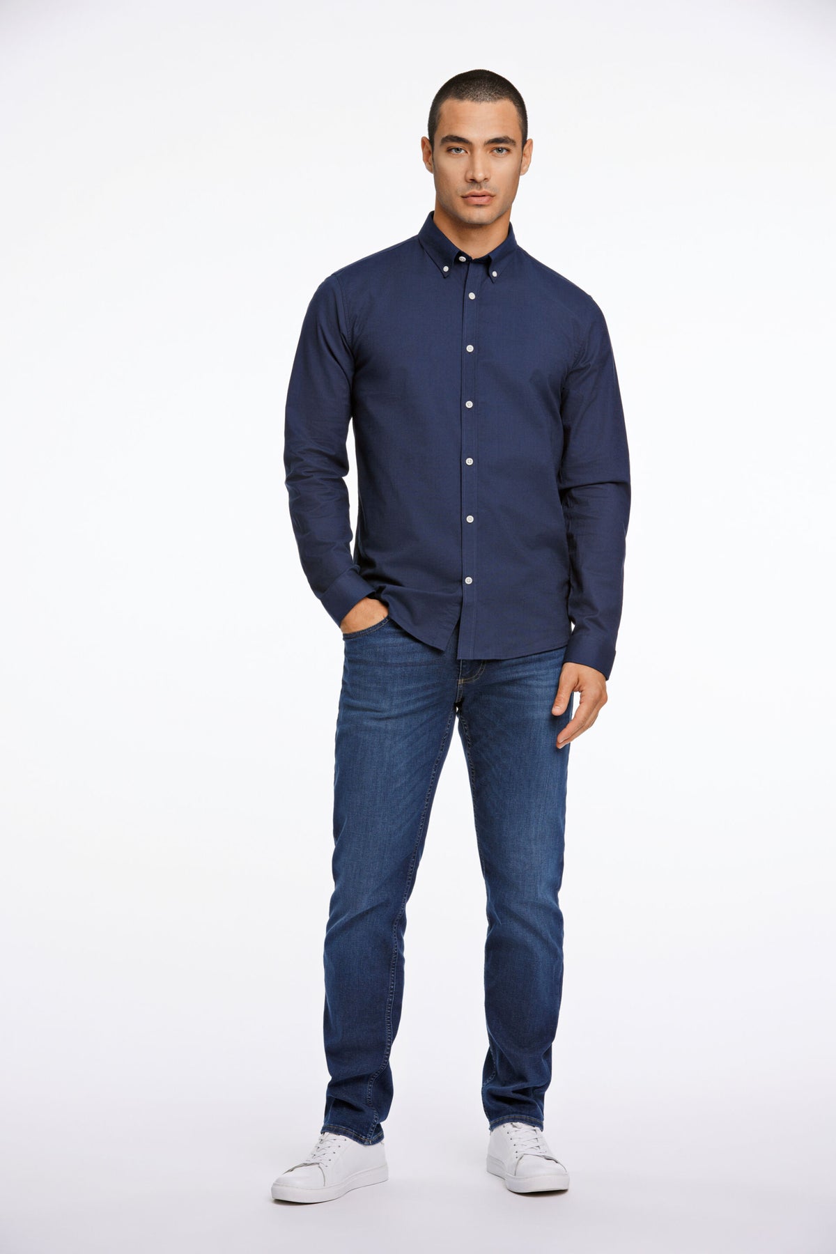 Oxford Superflex Shirt L/S Navy Mix - modellbilde