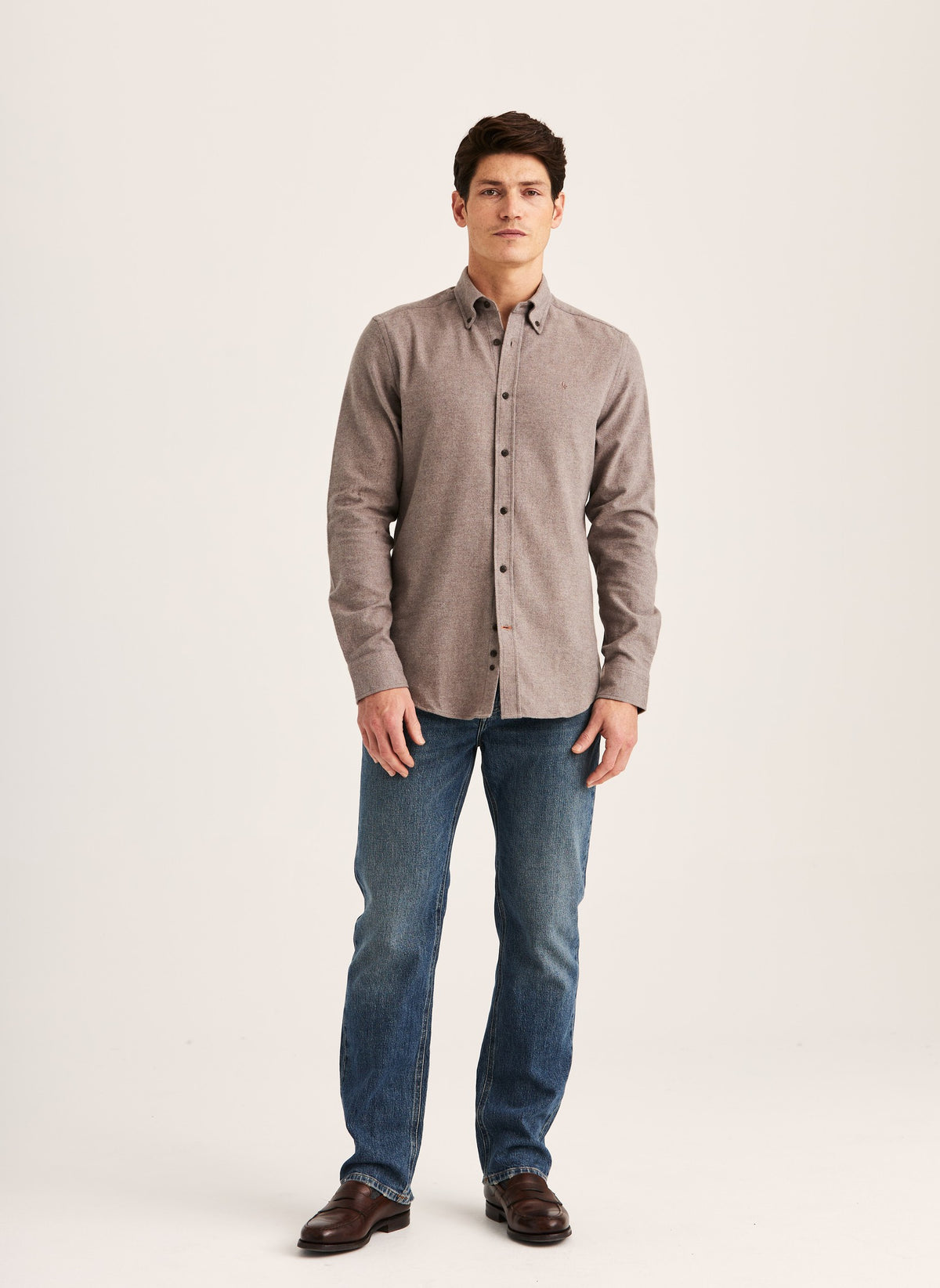 Flannel Herringbone Shirt Slim Fit Brown