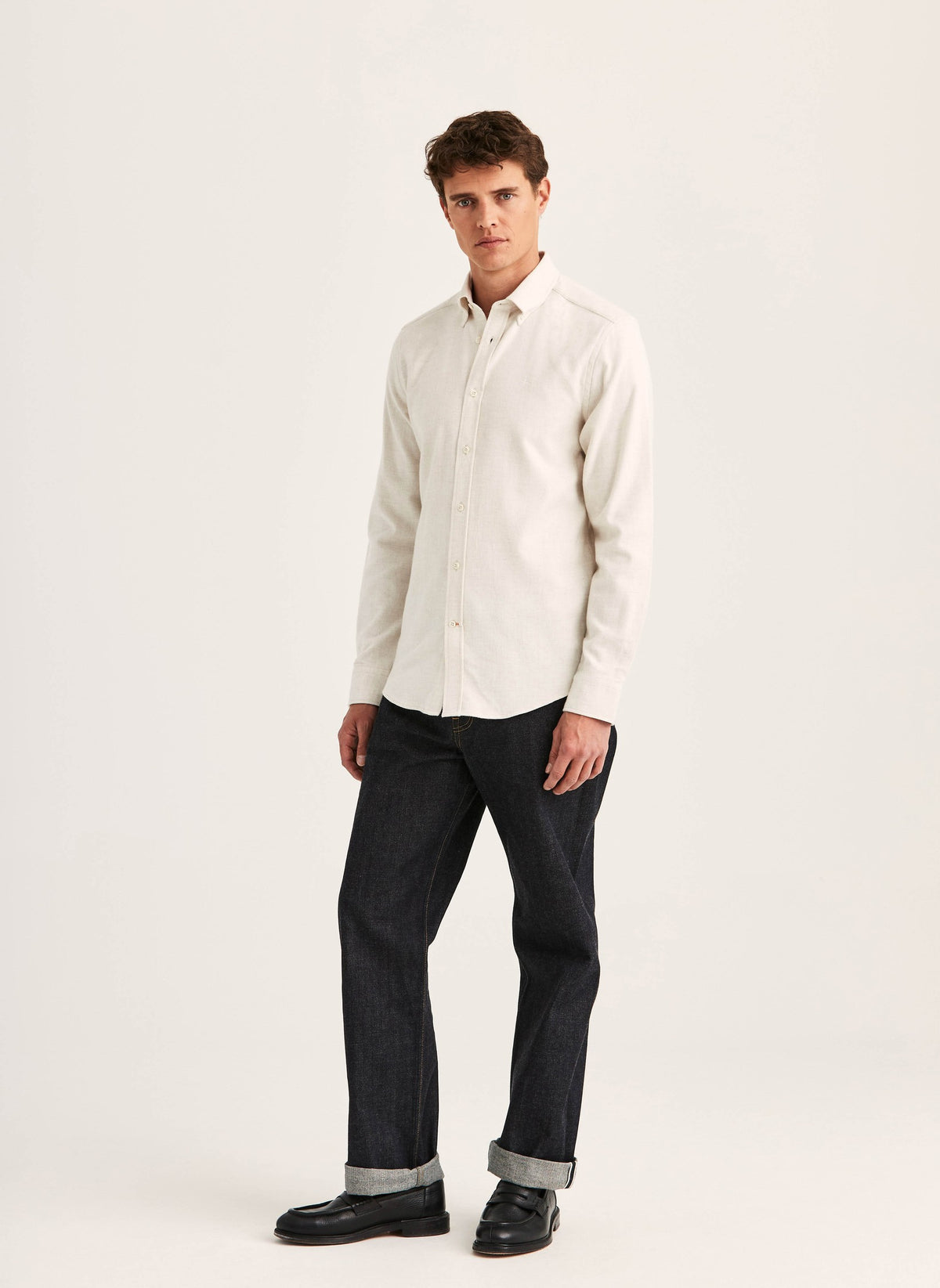 Flannel Herringbone Shirt Slim Fit Off White