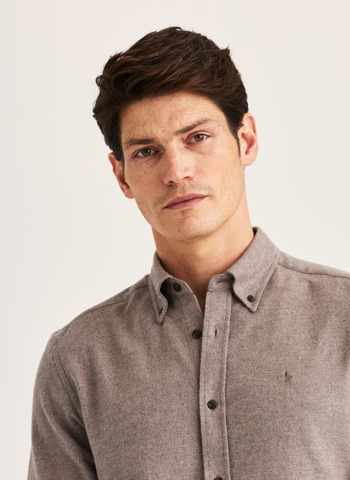 Flannel Herringbone Shirt Slim Fit Brown