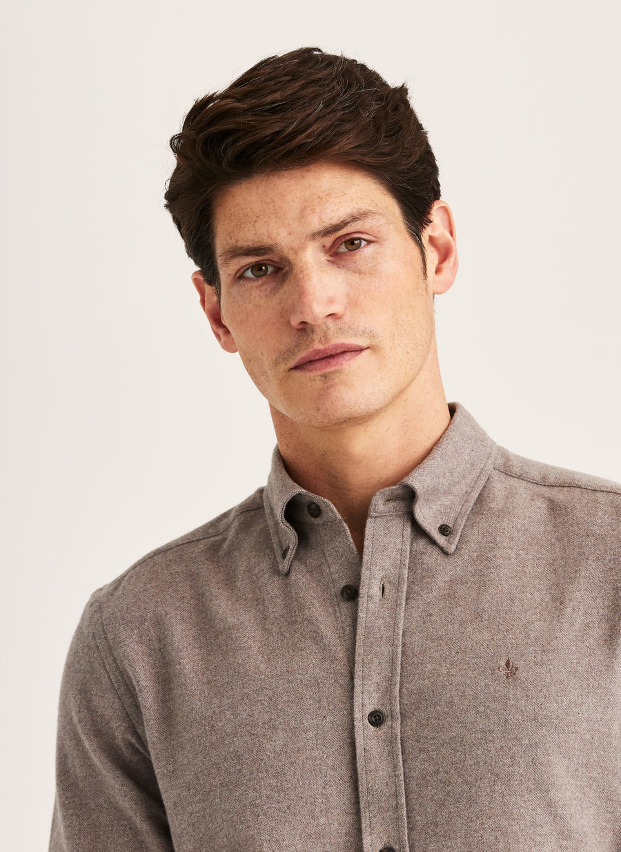 Flannel Herringbone Shirt Slim Fit Brown