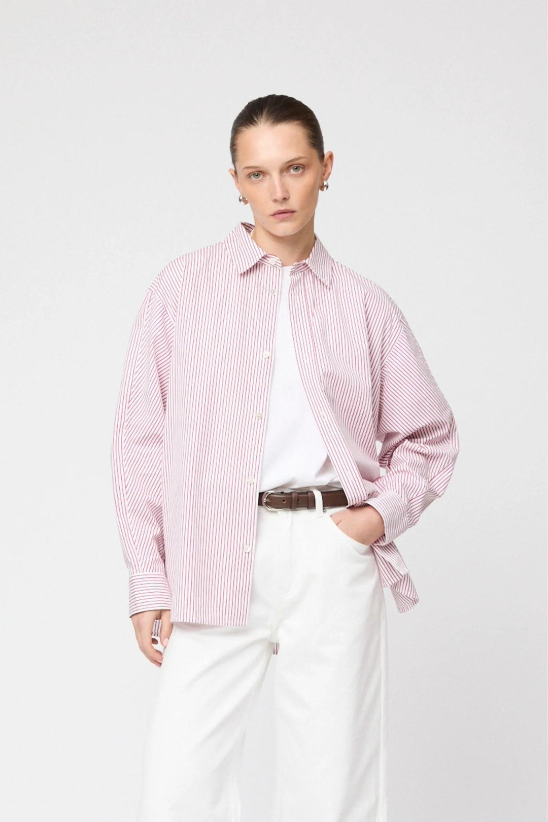 Coastal Shirt- White Red Pinstripe