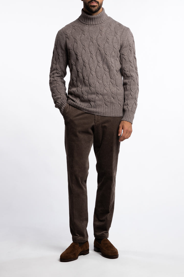 Cabled Virgin Wool Turtleneck Brown