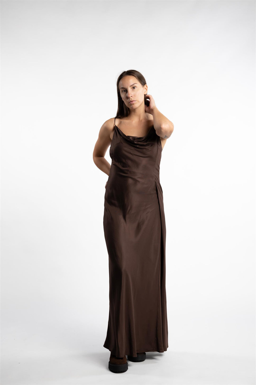 Eila Pleat Dress- Dk. Brown