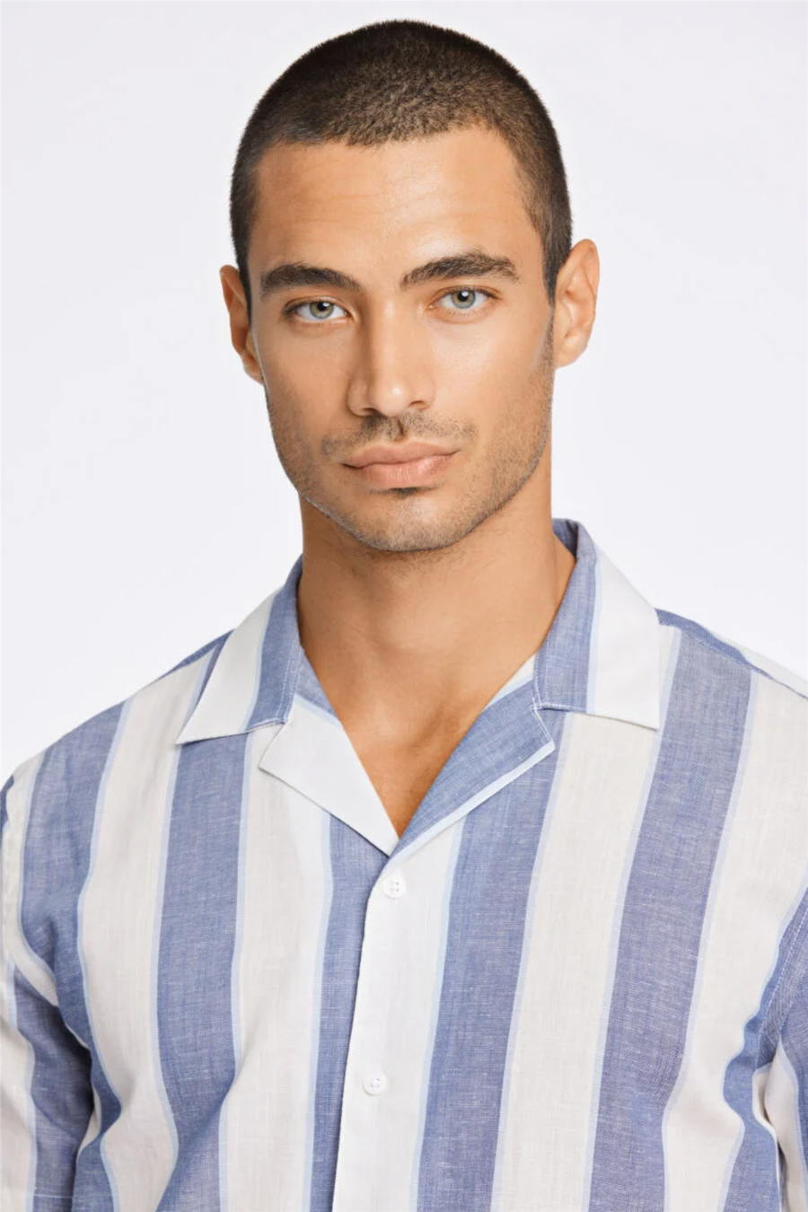 Striped Linen/Cotton Shirt S/S Dk Blue