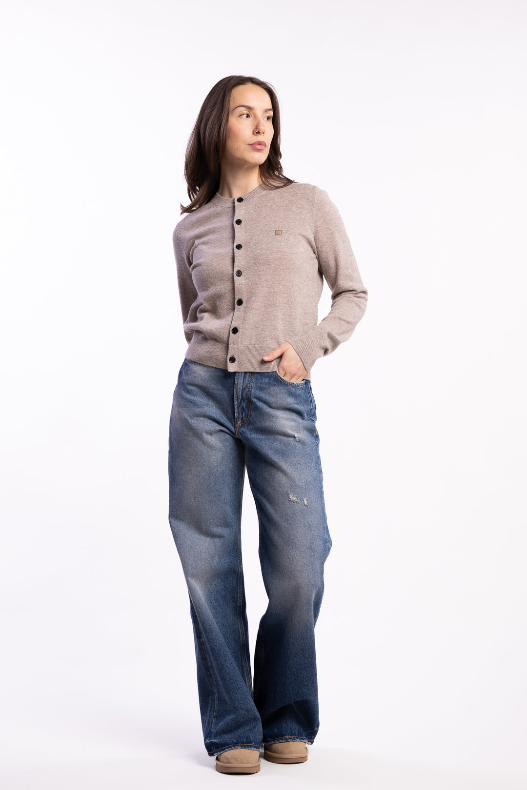 Fitted Cardigan Yak Wool- Greige Melange