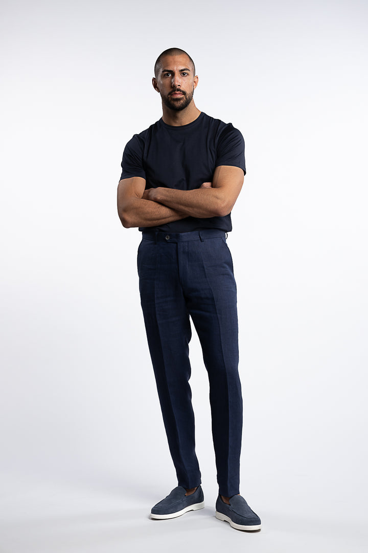 Denz Slim Fit Linen Trousers Navy