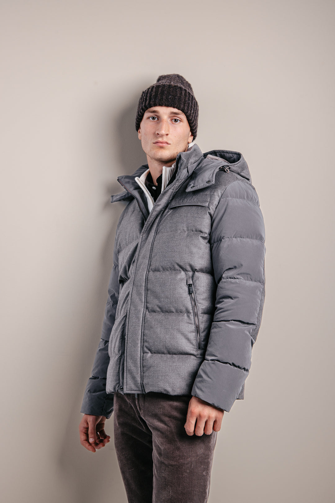 Wool And Silk Puffer Jacket With Contrast Inserts Taupe Suede