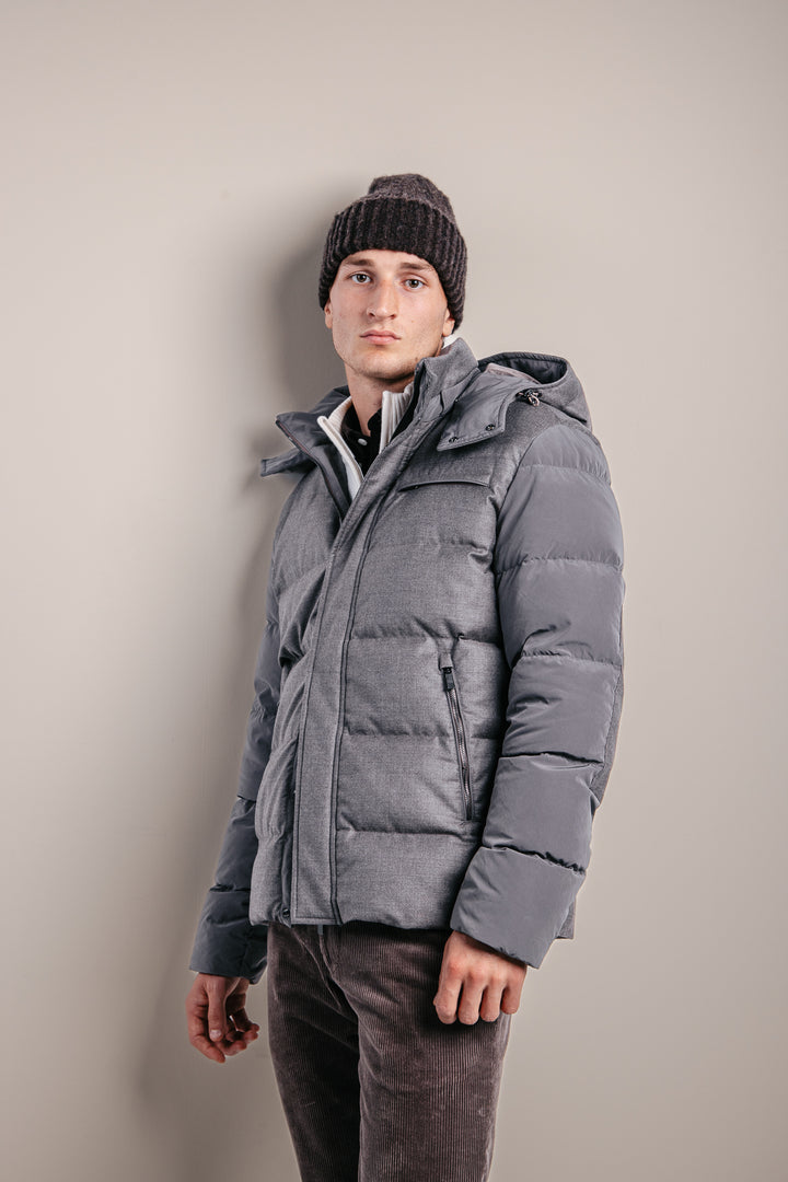 Wool And Silk Puffer Jacket With Contrast Inserts Taupe Suede