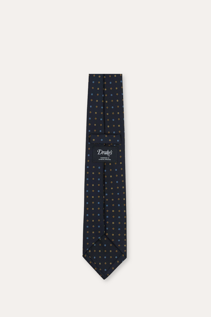 Geometric Flower Print Silk Self-Tipped Tie Navy