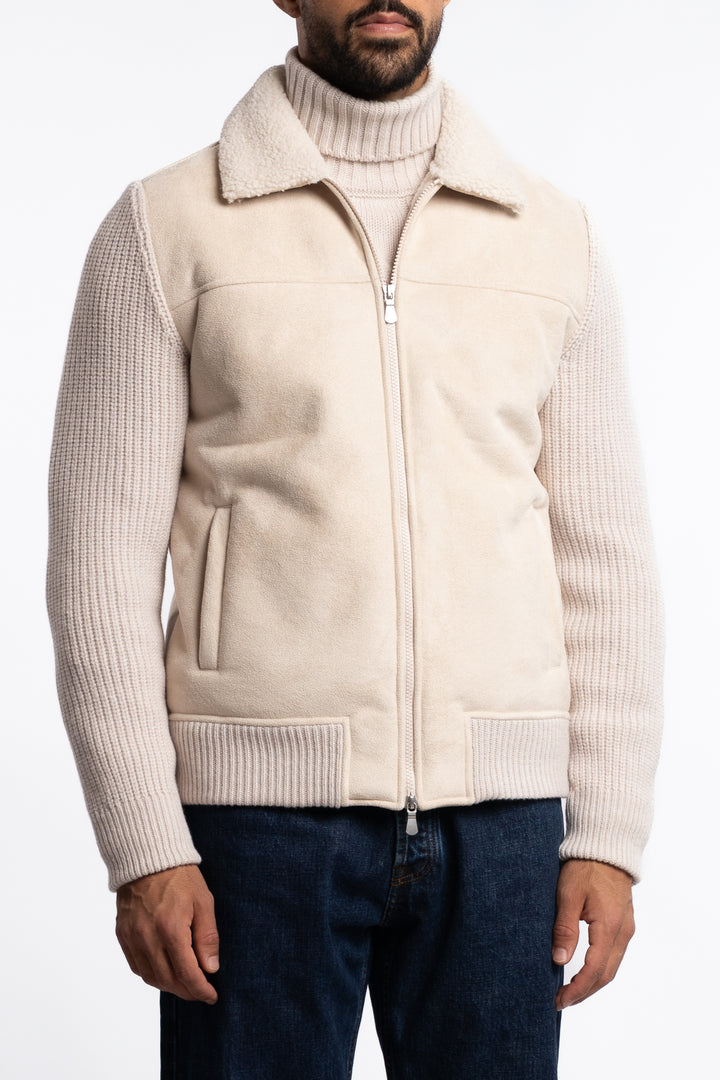 Eco-Mouton Jacket With Knit Sleeves Cream