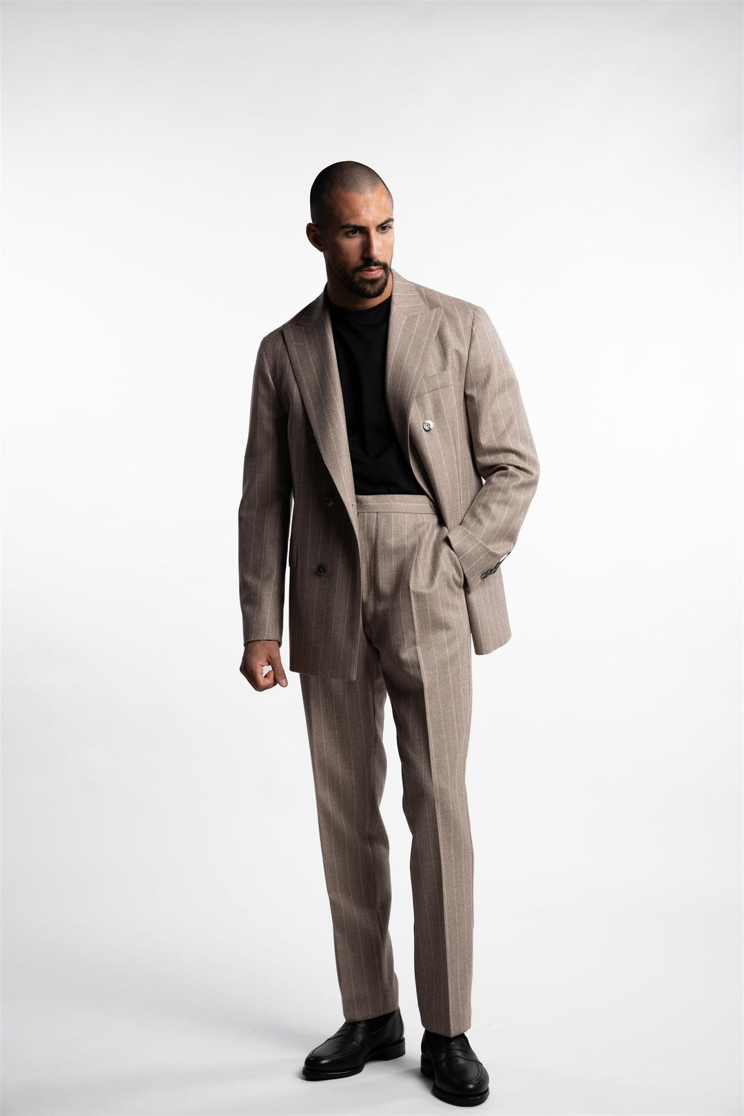 Delon Side Adjuster Wool Trousers Sand Beige Pinstripe