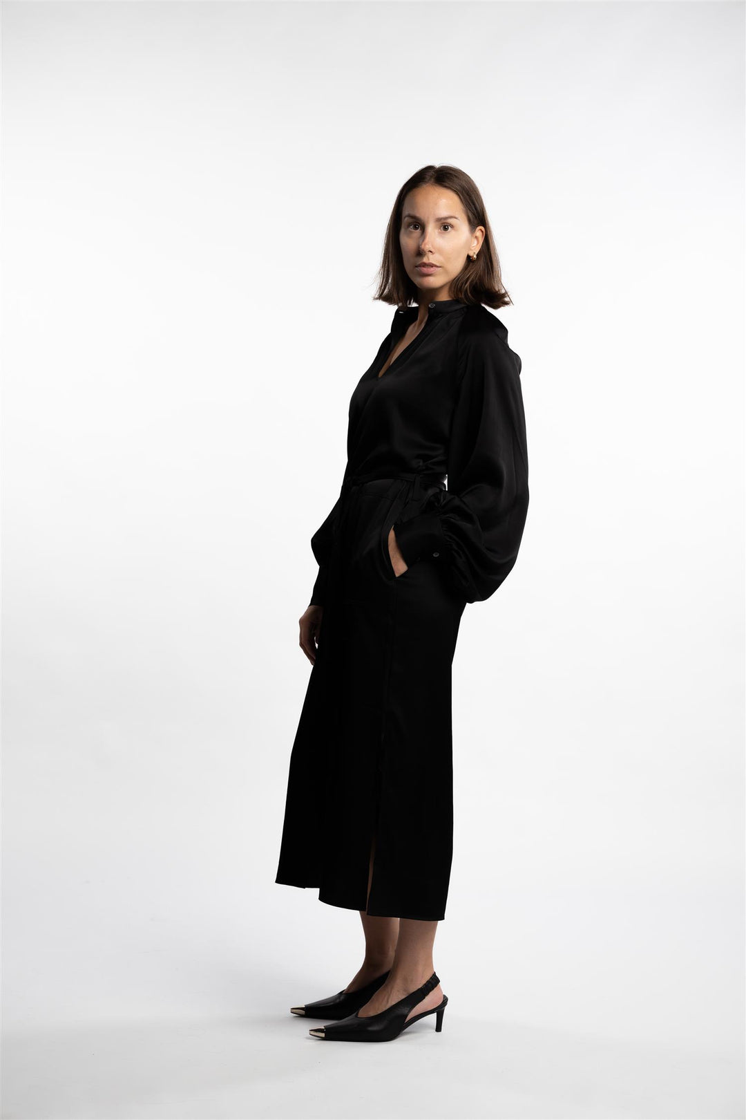 Belted Longsleeve Dress- Black