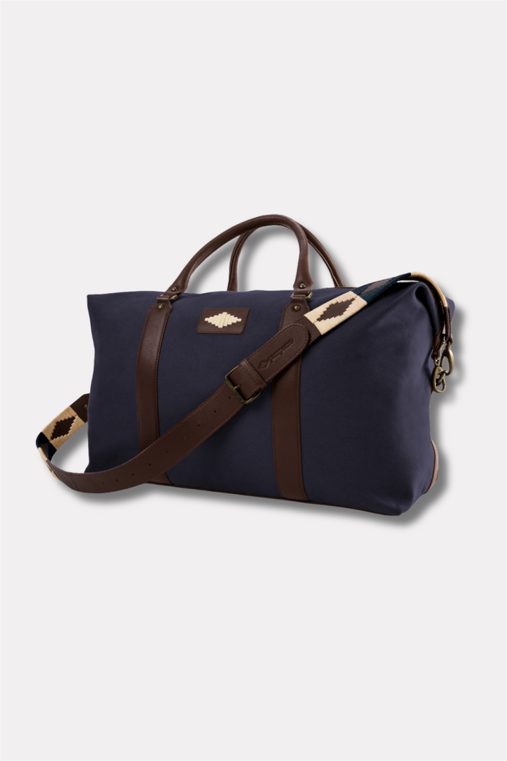 Caballero Large Travel Bag - Brown Leather and Navy Canvas With Cream Stitching