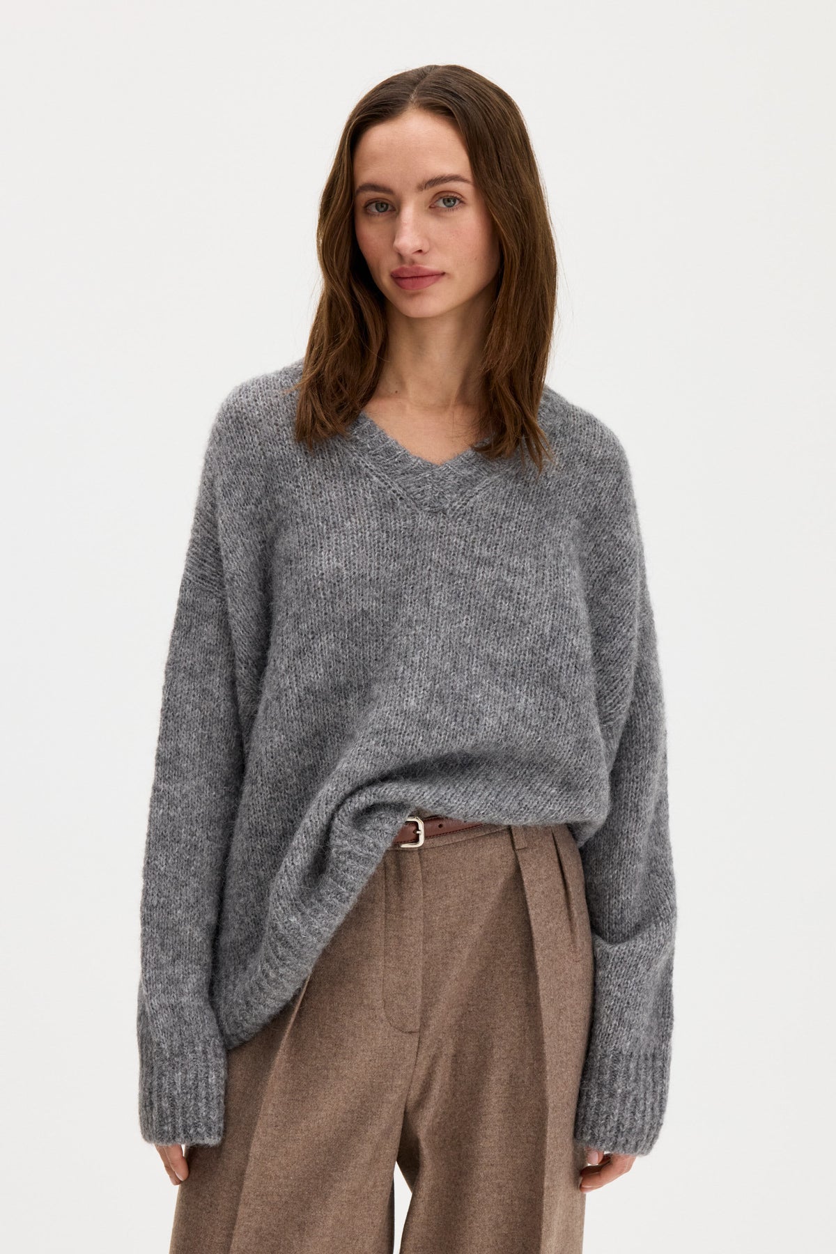 Hairy Alpaca V-neck Sweater Grey Melange