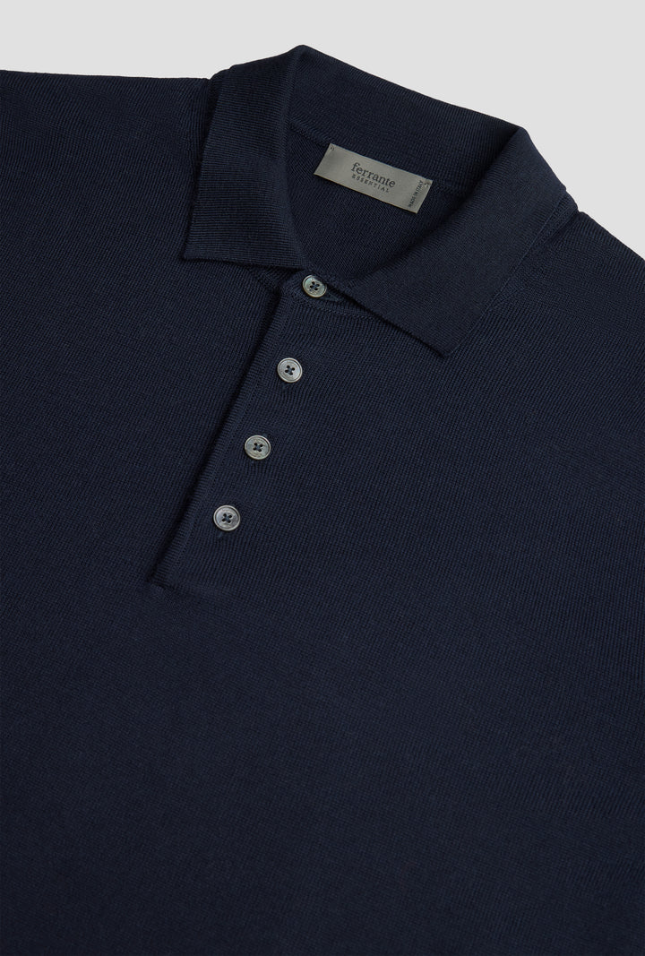Merino Wool Polo Button Navy – bakvisning