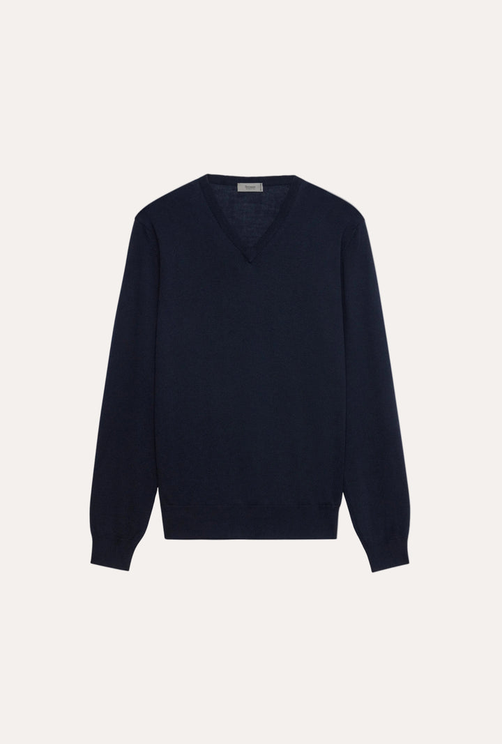 V-Neck Merino Wool Sweater Navy – frontvisning