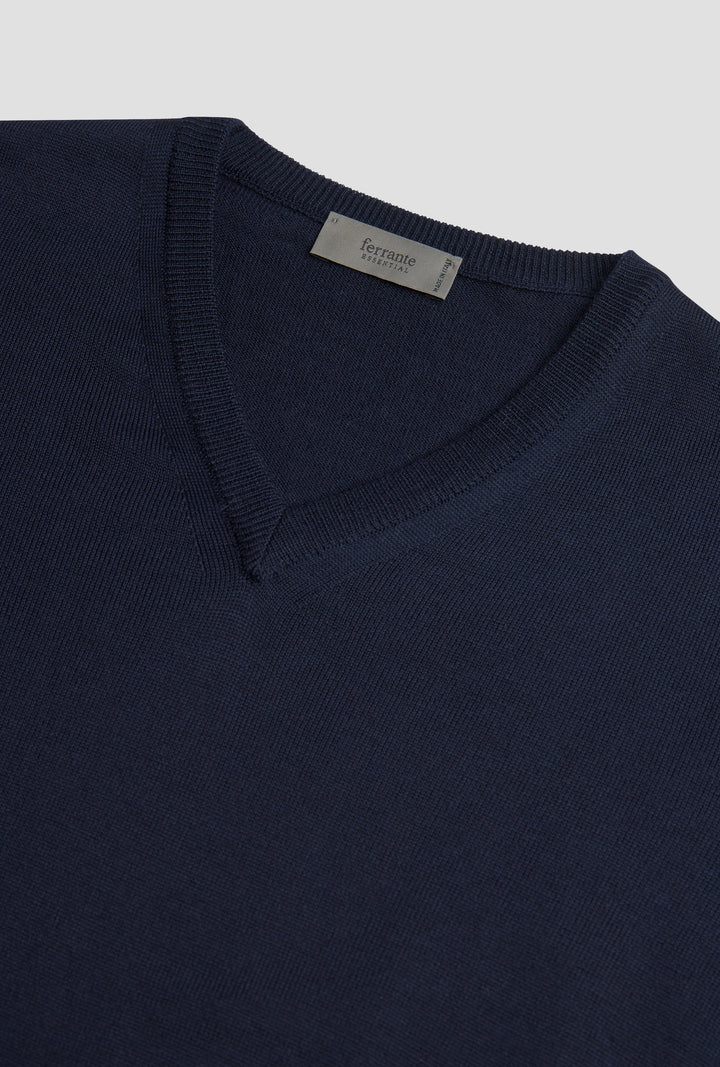 V-Neck Merino Wool Sweater Navy – bakvisning