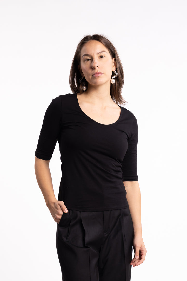 Cotton Stretch Scoop Neck Top- Black