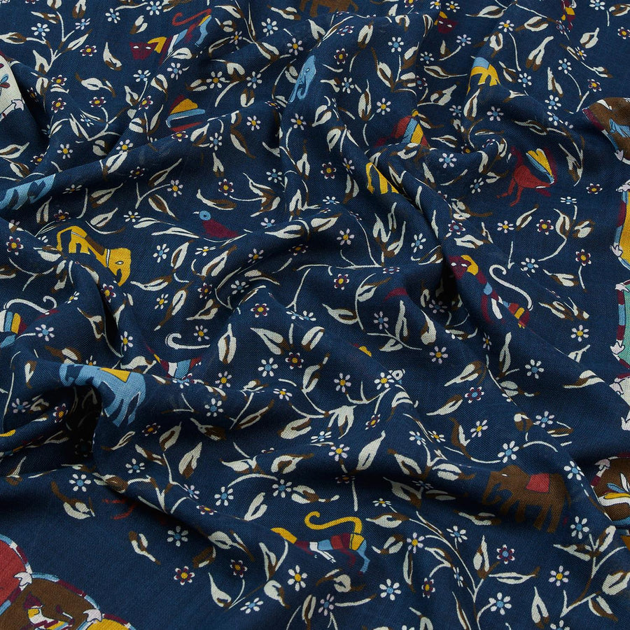 Elephants & Flowers Wool-Silk Scarf Navy