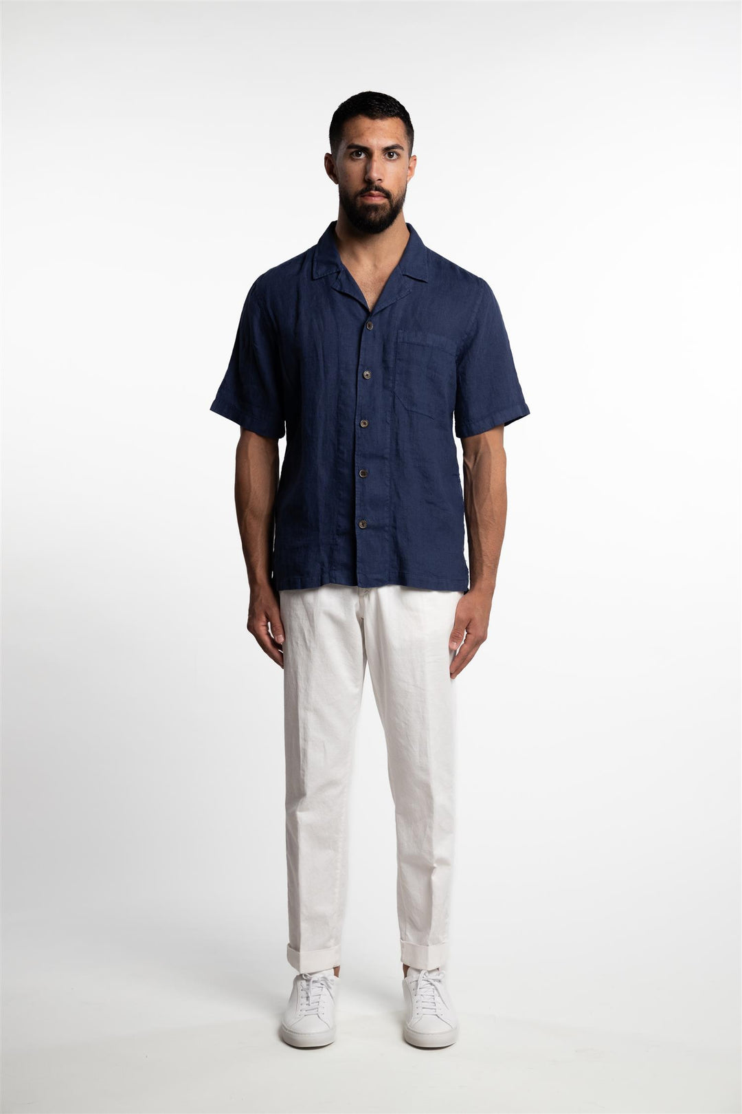 Verona Camp Collar Linen Shirt Navy