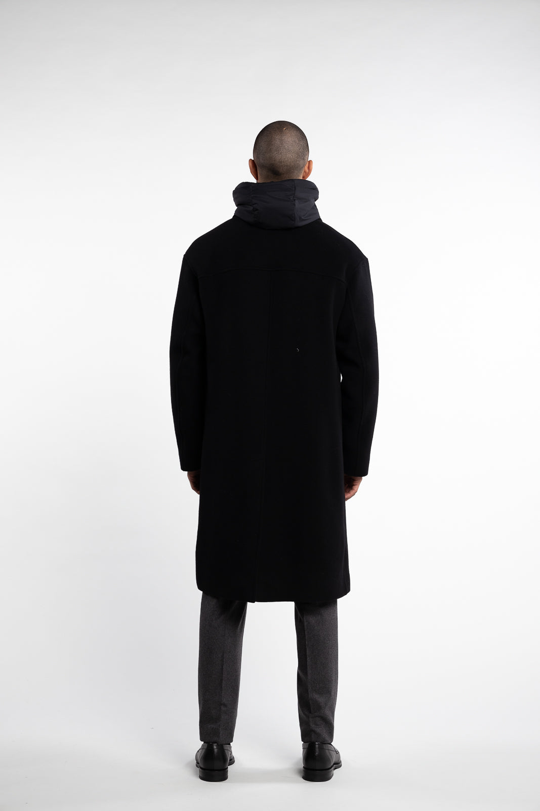 Nylon Hooded Wool Coat Black