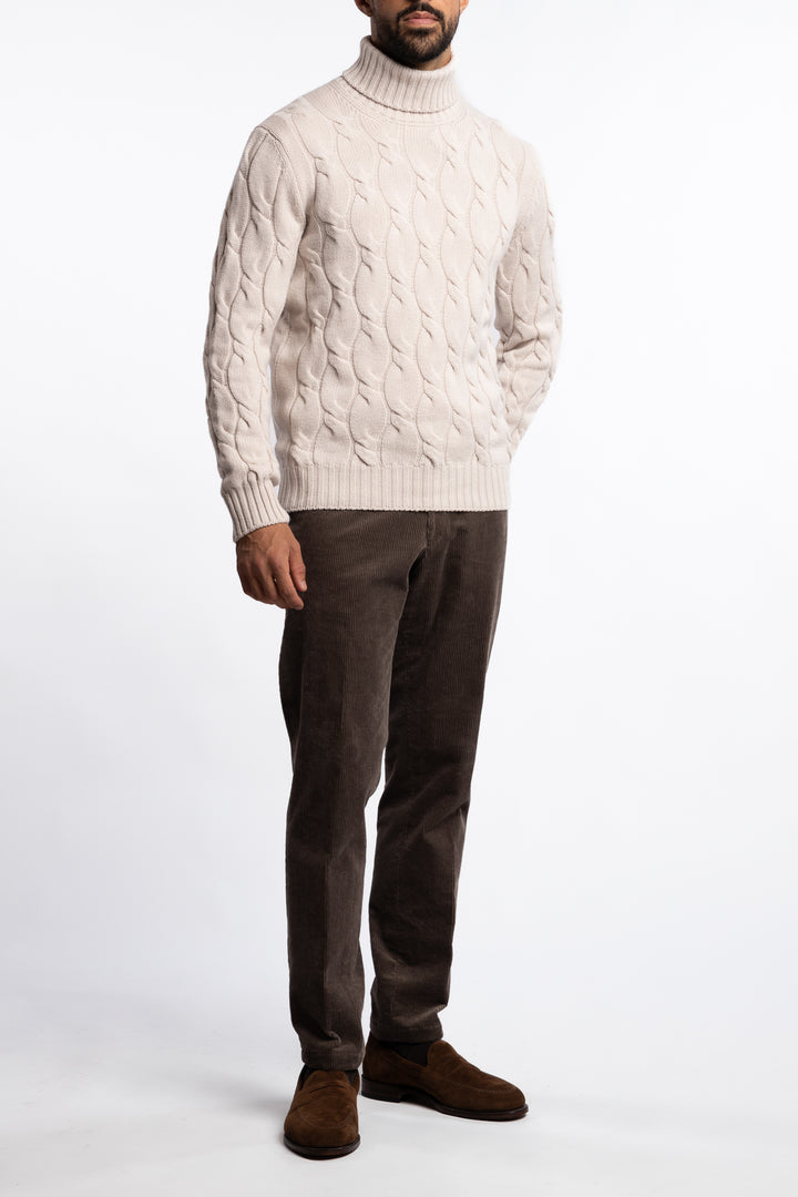 Cabled Virgin Wool Turtleneck Beige