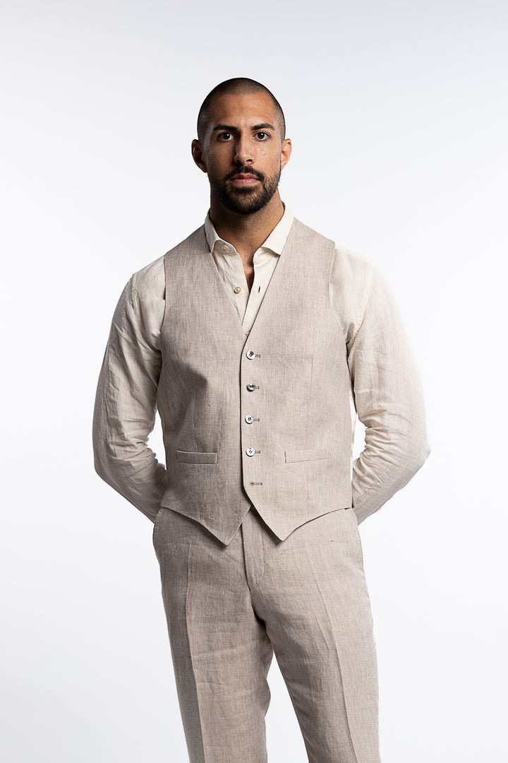 Carlo Regular Fit Linen Waistcoat Trench Beige